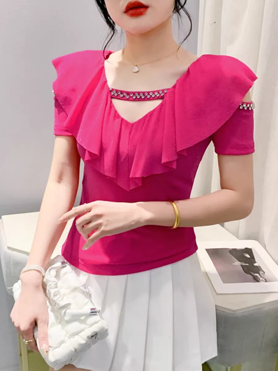 T-shirt in rete con scollo a V increspato T-shirt per ragazze estive scava fuori manica corta con perline T-shirt moda top per le donne 2024