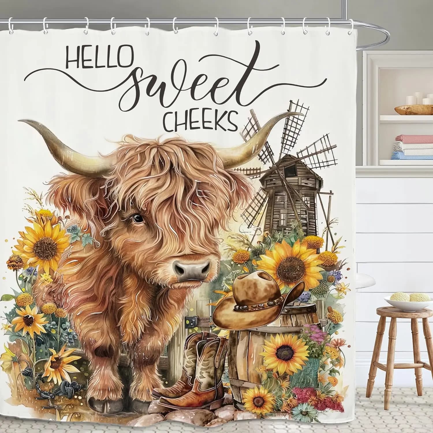 Tenda da doccia con stivali da cowboy e girasoli, decorazione rustica per bagno con mucche delle Highland, margherite, acquerello floreale e farfalle, con ganci