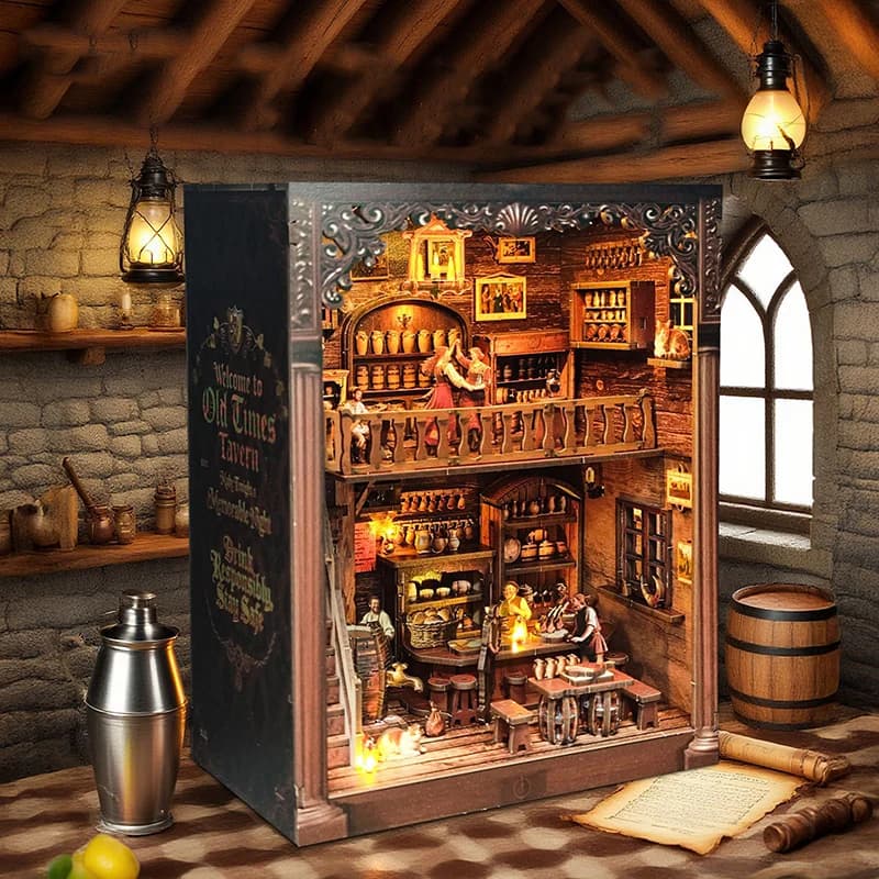 NUOVO Old Times Tavern Casa delle bambole in legno in miniatura 3D assemblare modello con kit di mobili giocattolo fai da te regalo per bambini e adulti Casa