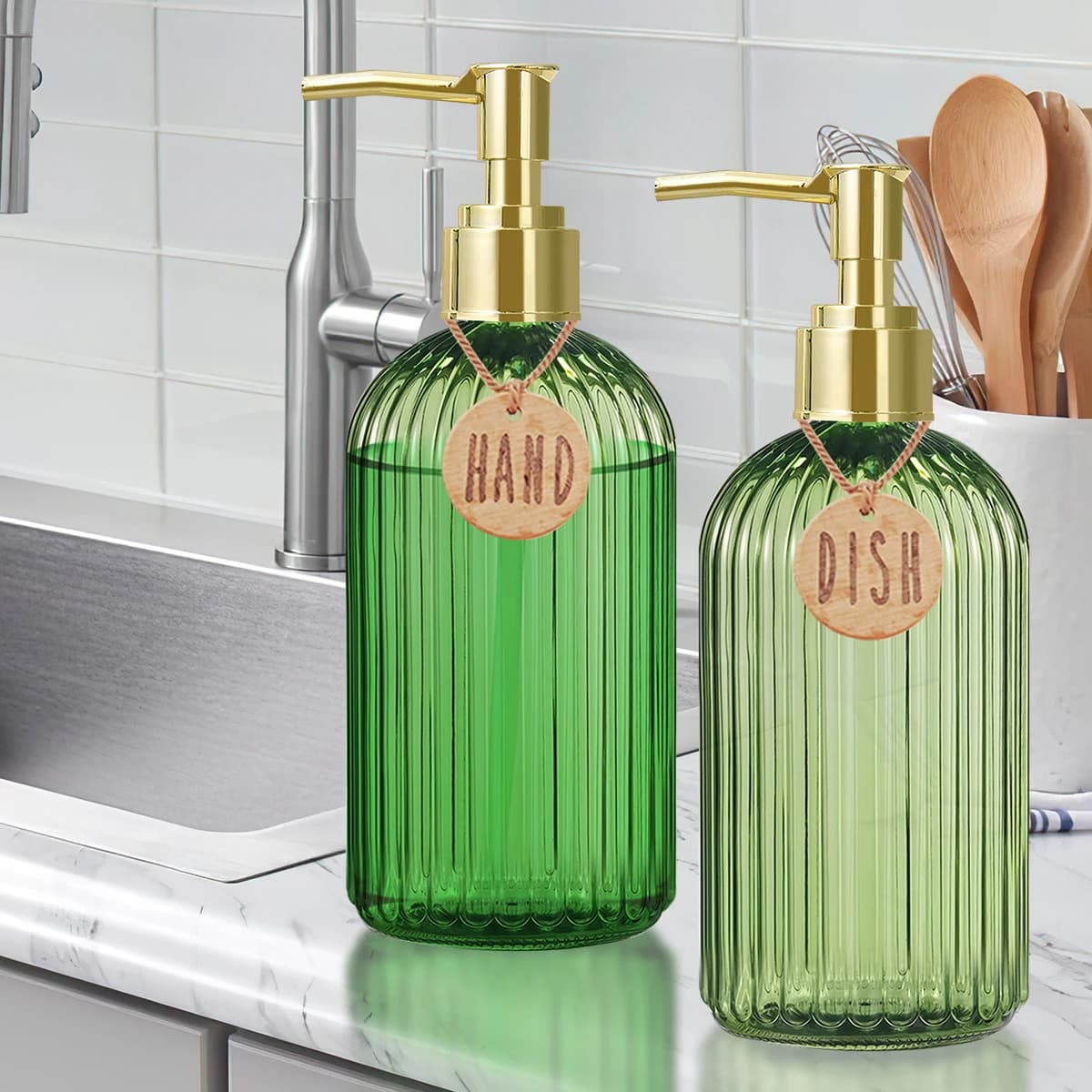 Set di bottiglie per dispenser di sapone per piatti e mani per lavello da cucina con etichette, sottoimbottigliamento di sapone liquido ricaricabile per la decorazione domestica
