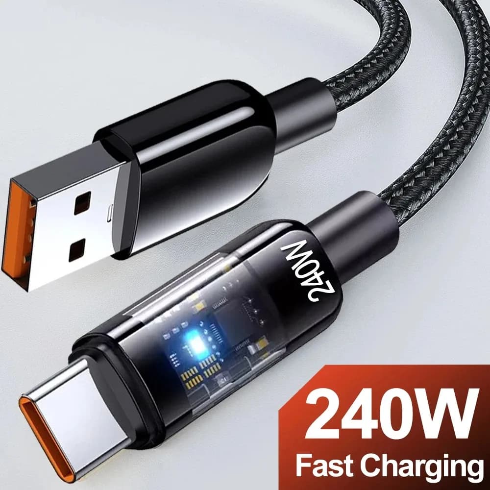 240W USB to Type C Fast Charging Cable LED Mobile Phone USB C Quick Charge Data Line For iPhone Samsung Xiaomi 0.25m/1m/1.5m/2m