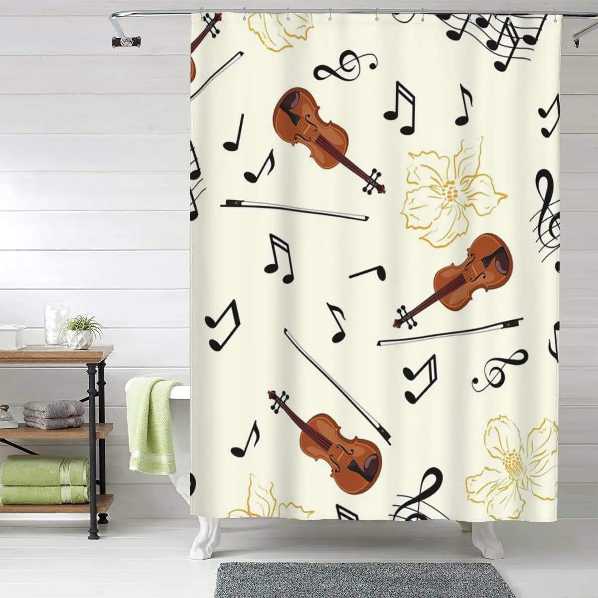 Tenda da doccia floreale con note musicali per violino, in poliestere impermeabile, con ganci