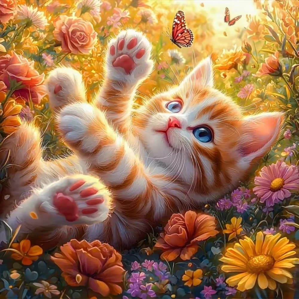 DIY Playful Orange Kitten in Wildflower Garden Jigsaw Puzzle, Cute Tabby Cat Chasing Butterflies High Quality Perfect Home Decor