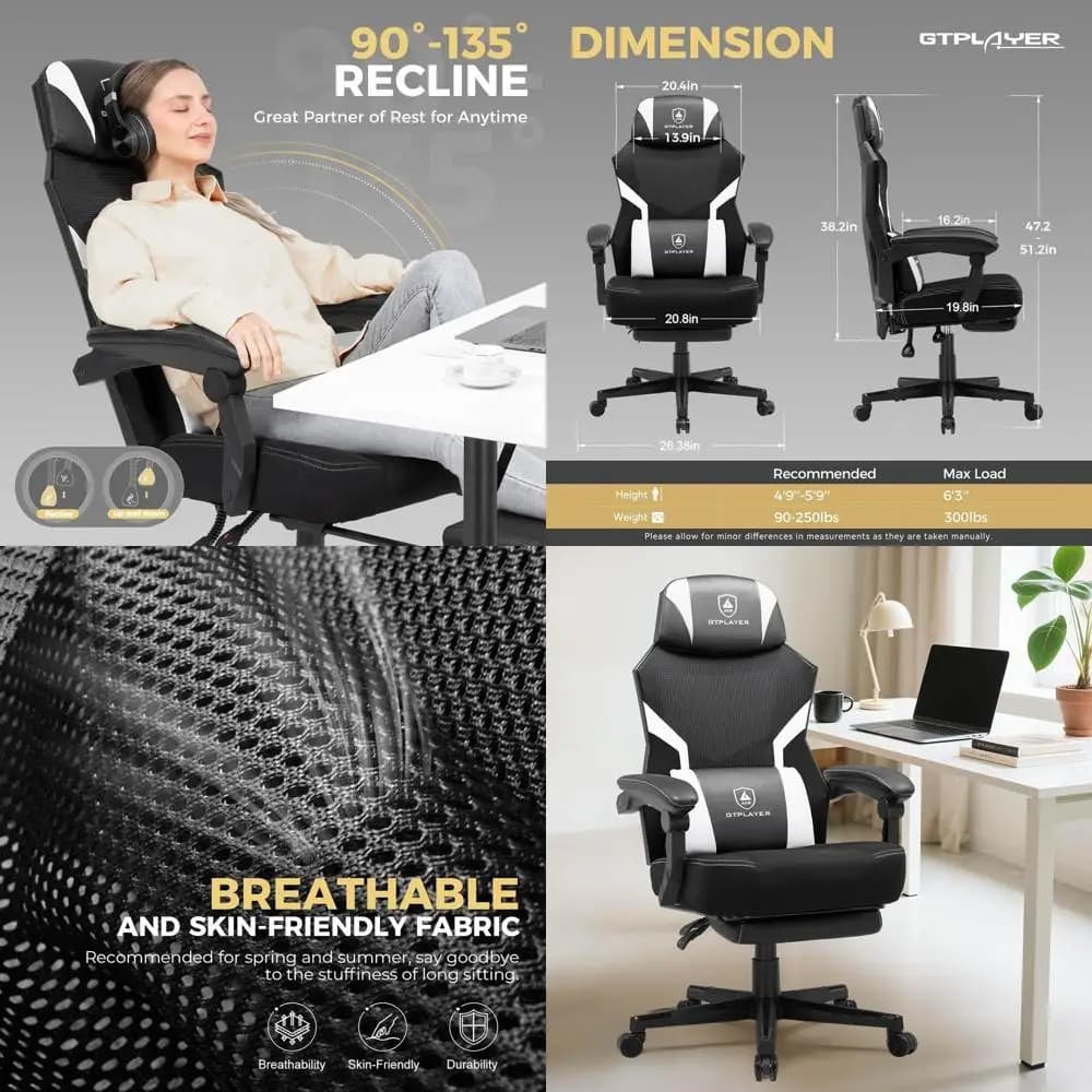 Sedia da gaming con schienale in rete, sedia da ufficio ergonomica con poggiapiedi, 90-135 ° Sedie da gioco reclinabili per l'home office, C grandi e alte