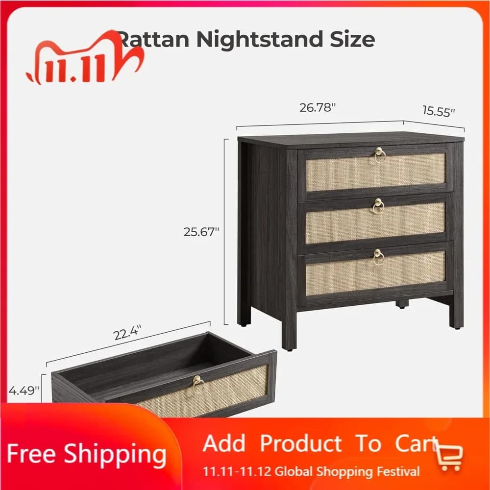 Elegante comodino in rattan con 3 cassetti - Spaziosa tavolino con manico dorato, larghezza 26,78