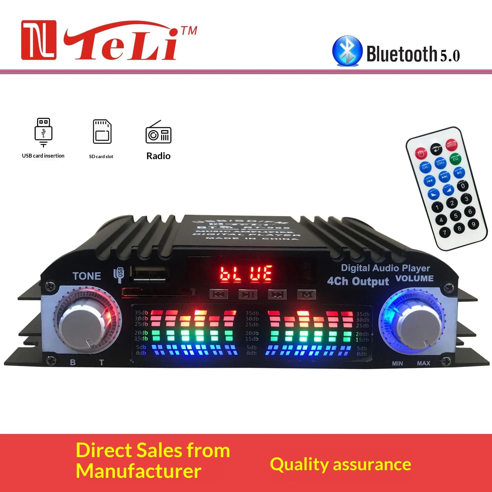 Amplificatore Audio Digitale TELI Peak Power HiFi a 4 Canali con Bluetooth, Lettore Karaoke, Radio FM e Supporto Telecomando