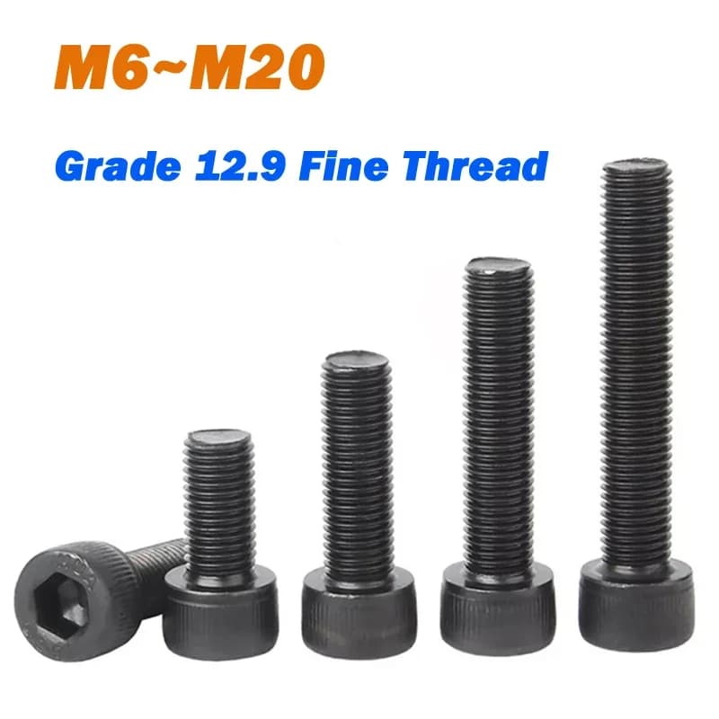 Screw M6 M8 M10 M12~M20 Pitch 0.75/1.0/1.25/1.5mm Black Fine Thread Grade 12.9 Carbon Steel Hex Socket Head Cap Screw Allen Bolt