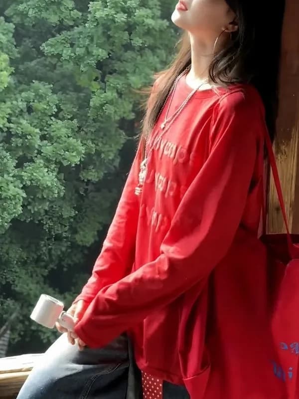 Ladies' Loose Fit Long Sleeve T-Shirt Summer Thin Sun Protection Cover up White Enhancing Lazy Style Red Color plus Size Top