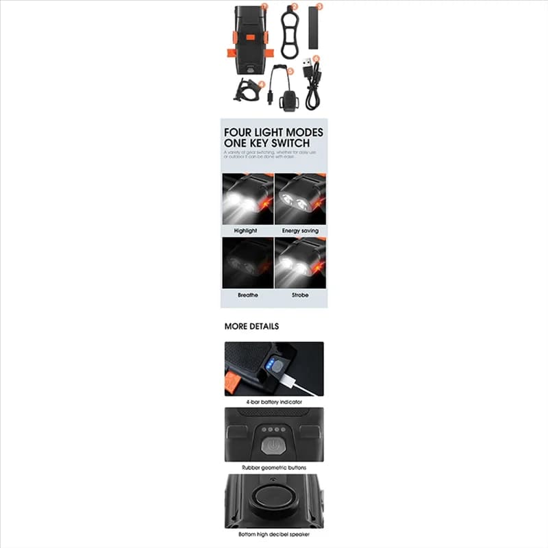 ABVH-Bell Horn Supporto per telefono Luce per bici Lampada frontale a LED Torcia elettrica 3000 Mah Power Bank 5 in 1 Accessori per ciclismo per mountain bike