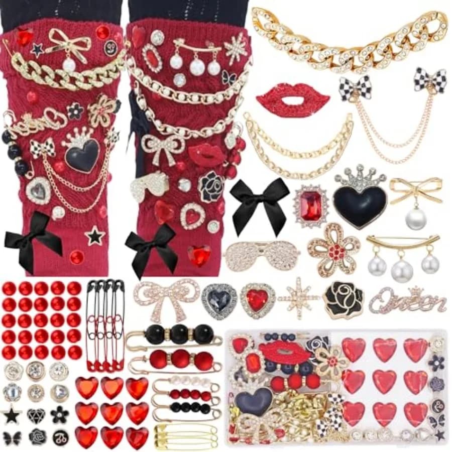 98 Pcs Junk Socks Charms Kit, Brooches and Pins for Women, ShoeCharms with Bows, Sneakers DIY Kit with Pearls Rhinestones Chain