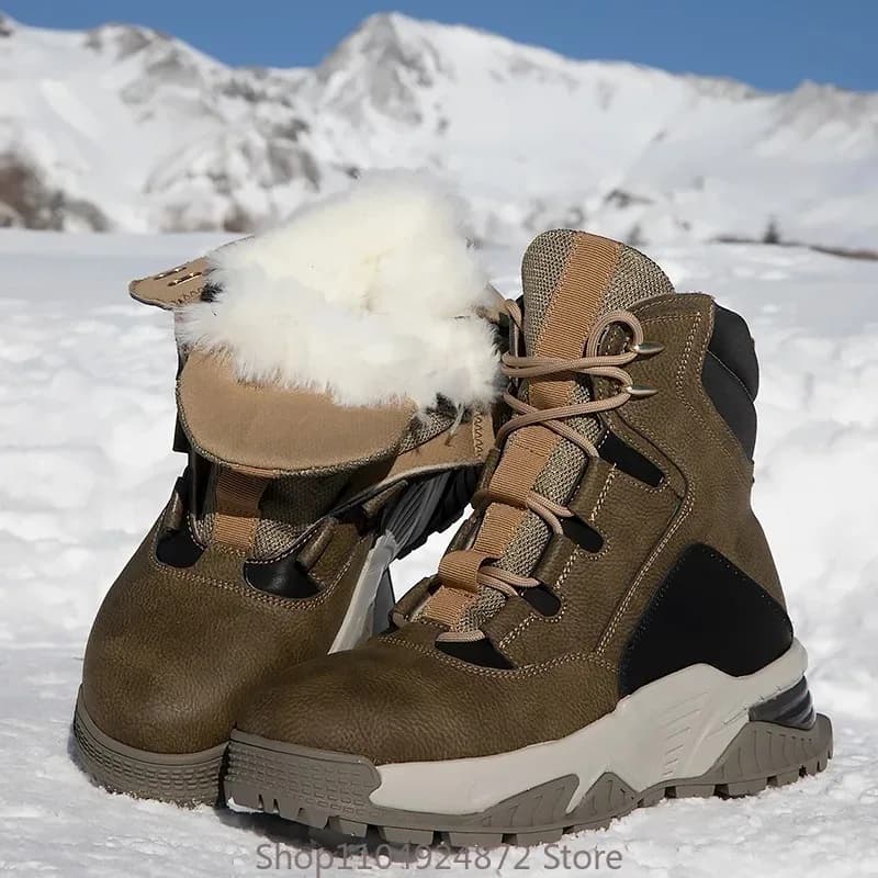 Stivali da neve in lana moda Pelliccia invernale da uomo Stivali sportivi da esterno alti in peluche spesso caldo da uomo Scarpe da trekking in cotone per giovani