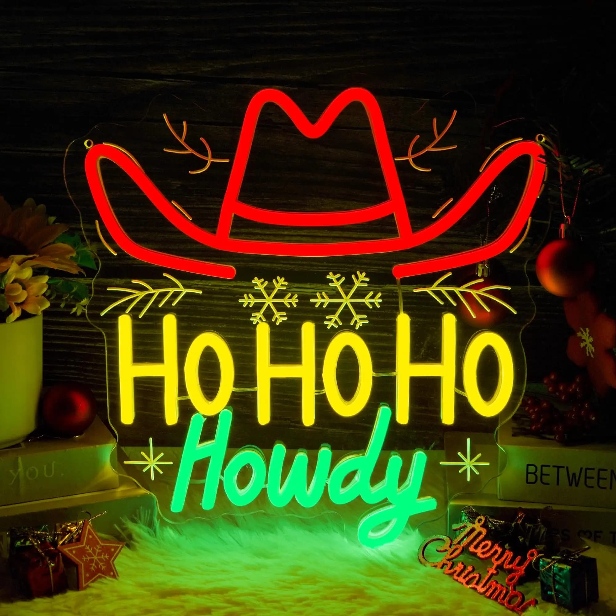 Ho Howdy Insegna al neon natalizia Cappello da cowboy Insegna luminosa natalizia Decorazioni festive per le vacanze occidentali dimmerabili per regali di feste a tema