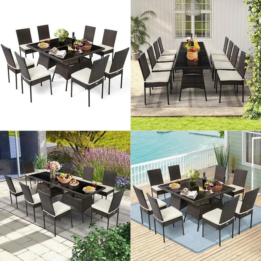10 Pieces Wicker Patio Dining Set, Outdoor Rattan Table amp Chairs Set with Padded Cushions, Patio Furniture Dining Glass Table