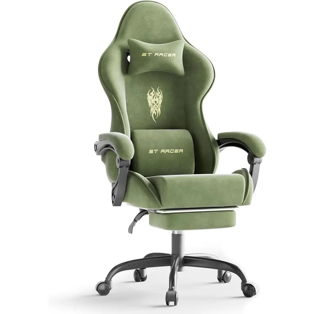 Sedia da Gaming in Tessuto Vellutato, Design Reclinabile con Schienale Alto e Poggiapiedi, Cuscino Lombare Massaggiante per Adulti, Verde