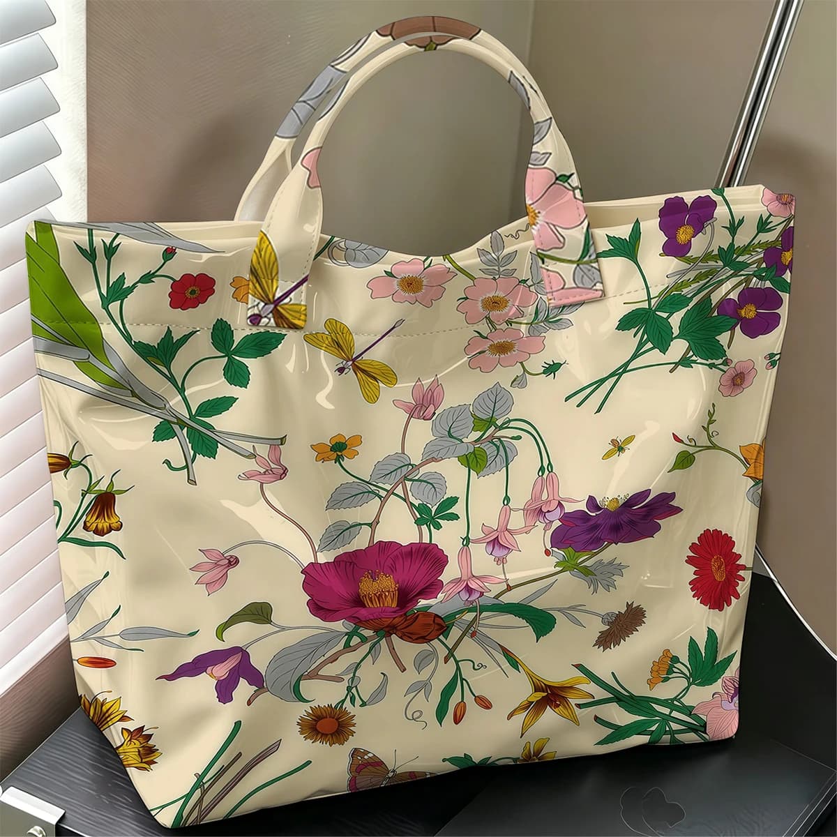 Botanical Floral Fashion Large Glossy PVC Tote Bag Hand Washable Waterproof Perfect Travel Commute Cosmetic Storage Shopper