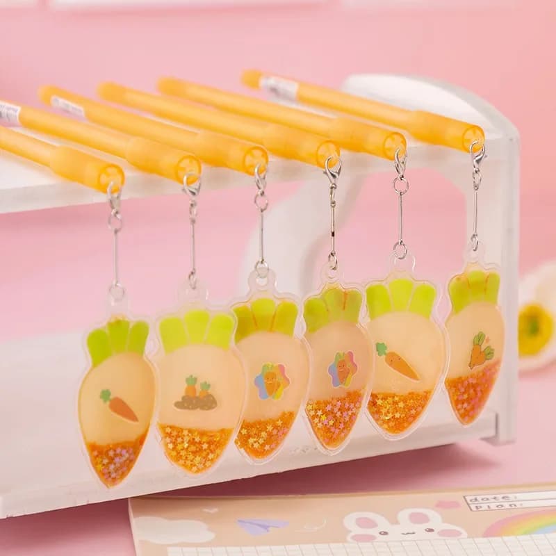 Penna sabbie mobili carota creativa e adorabile da 24 pezzi, penna pendente di alta bellezza, penna in carbonio nero per studenti, penna neutra ad asciugatura rapida