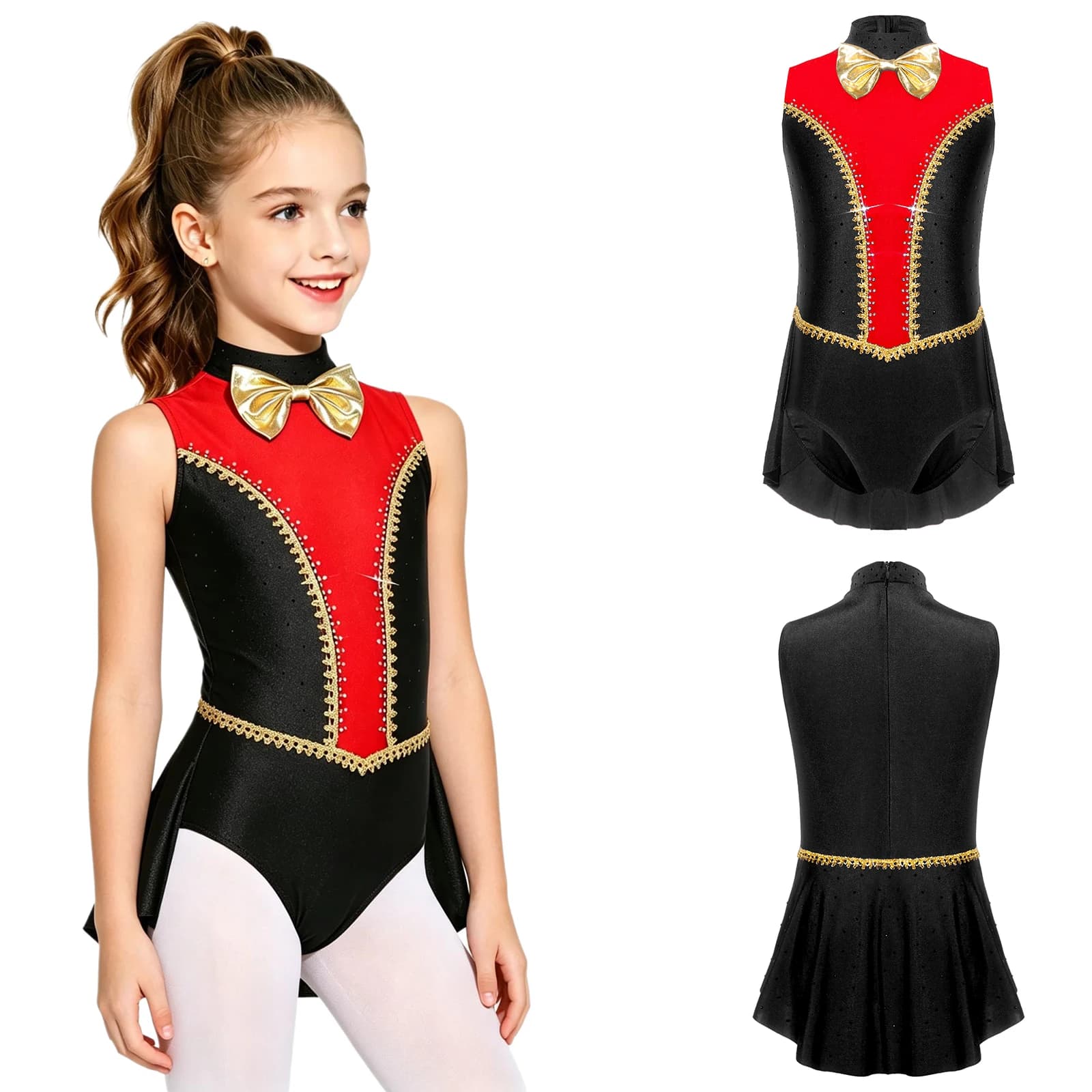 Kids Girls Circus Ringmaster Costumes Metallic Bowknot Sleeveless Cosplay Party Leotard for Ice Skating Circus Exhibition Wear