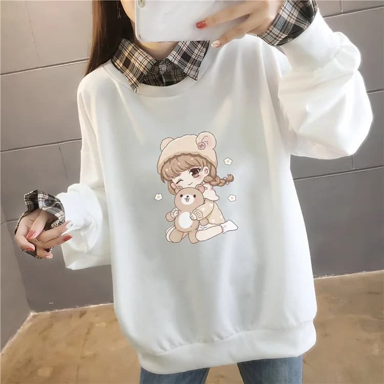 Sweet Style Long Sleeve Neck Hoodie for Junior And High School Students Loose Fit Spring Autumn Girls Top Casual Wear