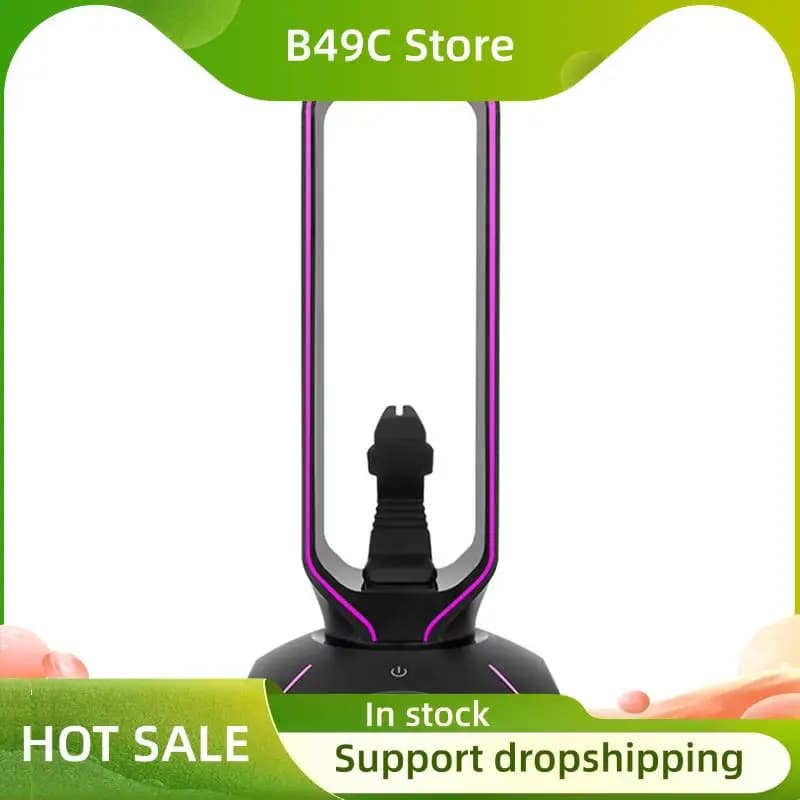 B49C Supporto per cuffie da gioco RGB Supporto per cuffie over-ear con ripiano per cavo elastico per mouse per display da scrivania Nero