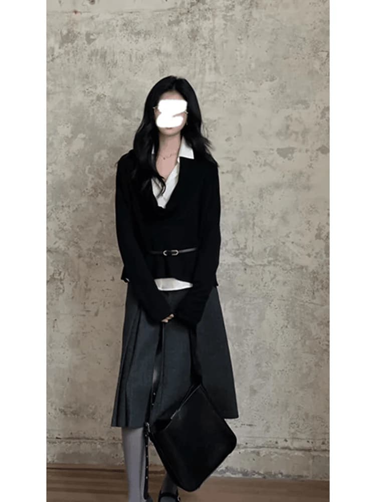 Simple Design Loose Women's Knitted Shirt Skirt Set Spring Lazy Style Slimming Three-Piece Suit Elegant Casual Fashion Ensemble