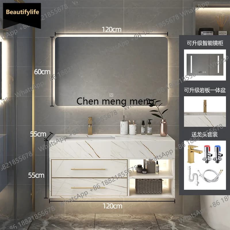B567 Mobiletto da bagno di lusso in legno massello Lavabo in lastra di roccia Mobiletto da toilette combinato Specchio intelligente Mobiletto da bagno Dra