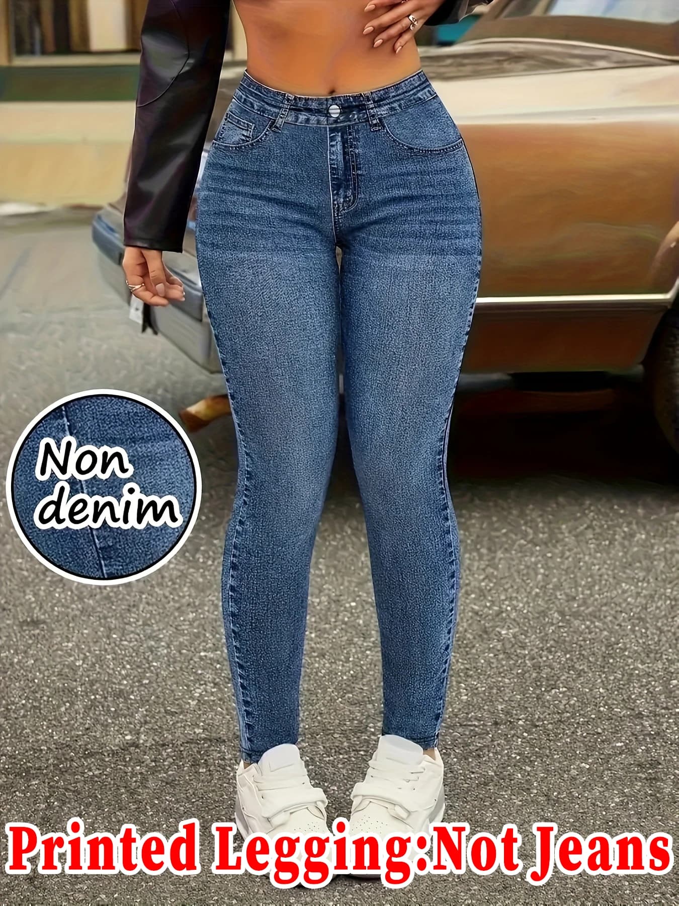 Pantaloni Skinny da Donna in Finto Denim Stampato, Leggings Sportivi Casual a Vita Alta Elasticizzata con Tasche Finte