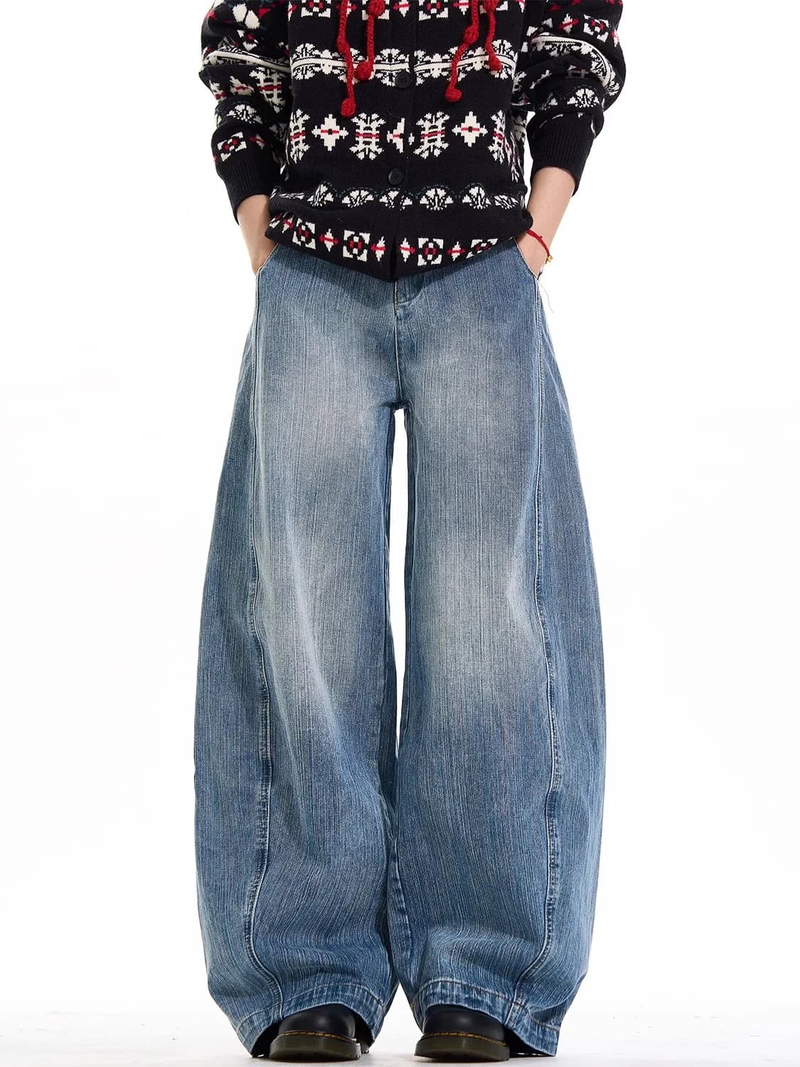 American Retro Waed Bamboo Le Decosition Loose Knife Jeans ex Casual Wide Leg Jeans Youth Trendy Breathable