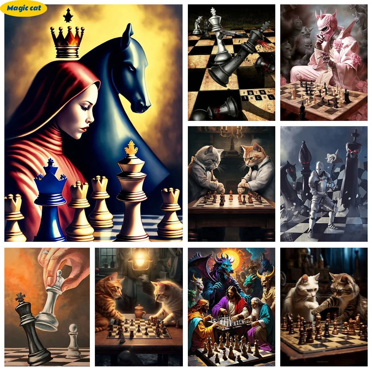 International Chess 5D Diamond Painting Cat Playing Chess Diy Diamond Embroidery Cross Stitch King And Queen Home Wall Decor