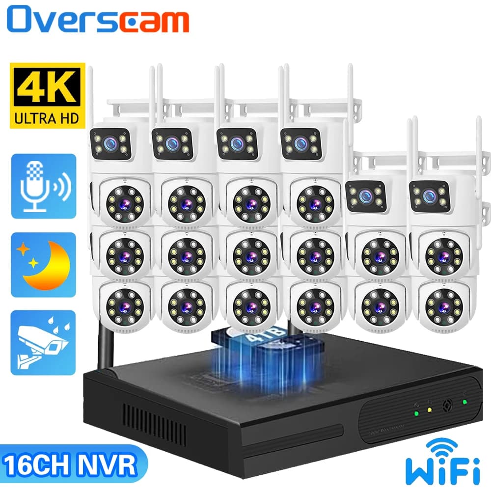 16CH WIFI NVR Dual Lens Wireless CCTV Monitoring Kit Auto Tracking Night Vision Color P2P 4K 8MP PTZ IP Camera Security System