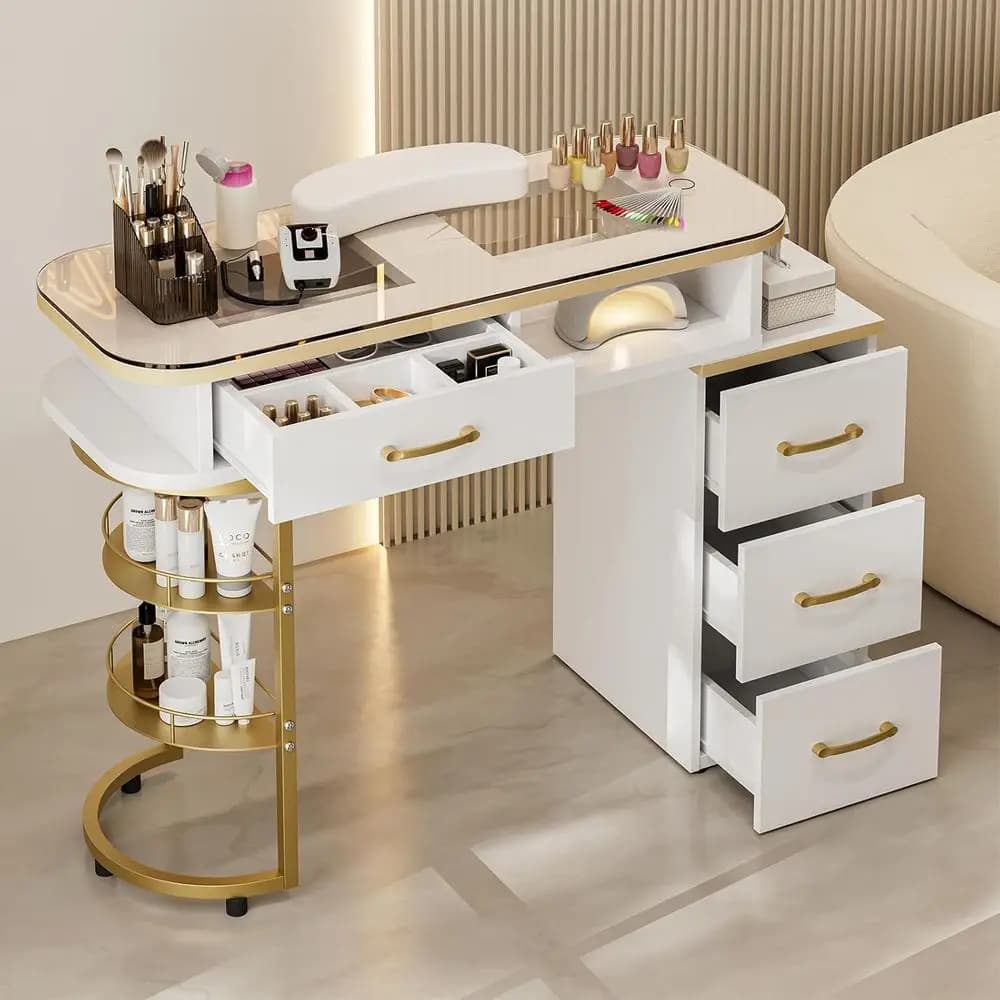 Postazione per Unghie con Piano in Vetro, 4 Cassetti, 2 Ripiani, Resistente all'Acrilico, Cuscino per Polso e Maniglie (Bianco)