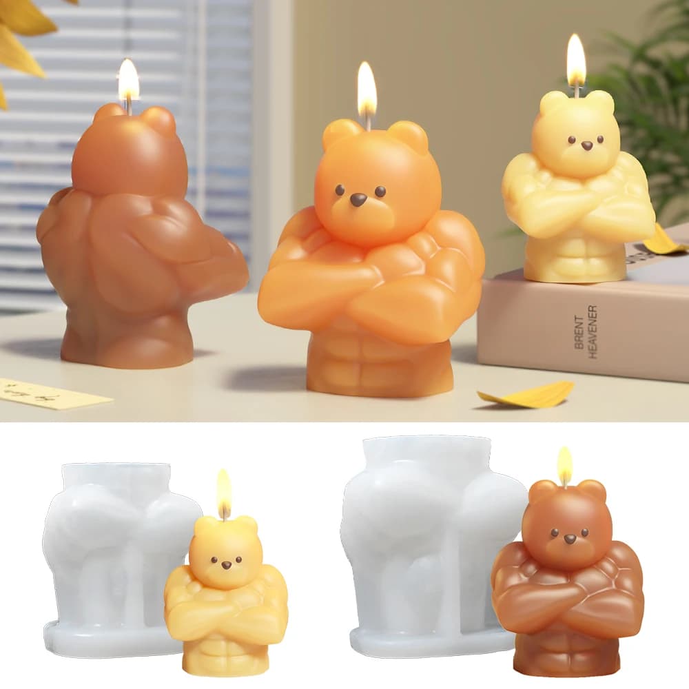 LZ089 Stampo in silicone per candela con orso muscolare 3D Stampi in resina per ornamenti in gesso per aromaterapia con animali forti fai-da-te