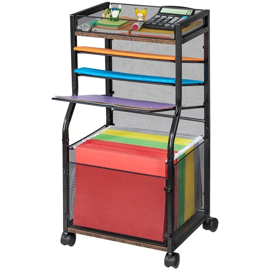 Carrello Portadocumenti con Ruote Bloccabili, Organizzatore Mobile da Scrivania con Scomparti per Cartelle e Vassoi Scorrevoli, Nero Legno