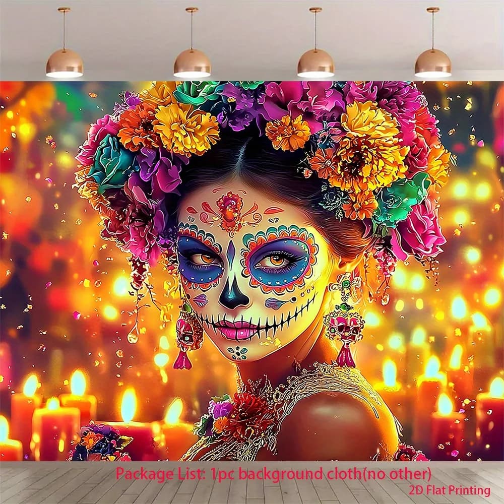 Day of the Dead Sugar Skull Woman Flower Crown 2D Flat Tapestry Backdrop For Halloween Decor Mexican Culture Wall Hanging Art