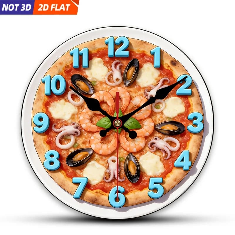 2D Piatto. 1 pezzo. Orologio da parete a tema pizza con frutti di mare, orologio decorativo silenzioso, orologio da parete creativo, adatto per decorare le camere da letto, L