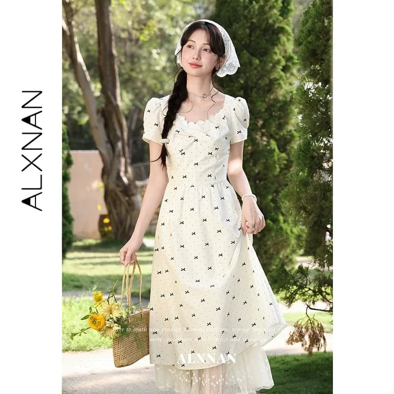 ALXNAN Abito Lungo con Pizzo, Scollo Quadrato, Fiocco Intrecciato, Stampa, Maniche a Sbuffo, Orlo in Pizzo, Vestito Midi Donna Estate 2026 per Vacanze L63610