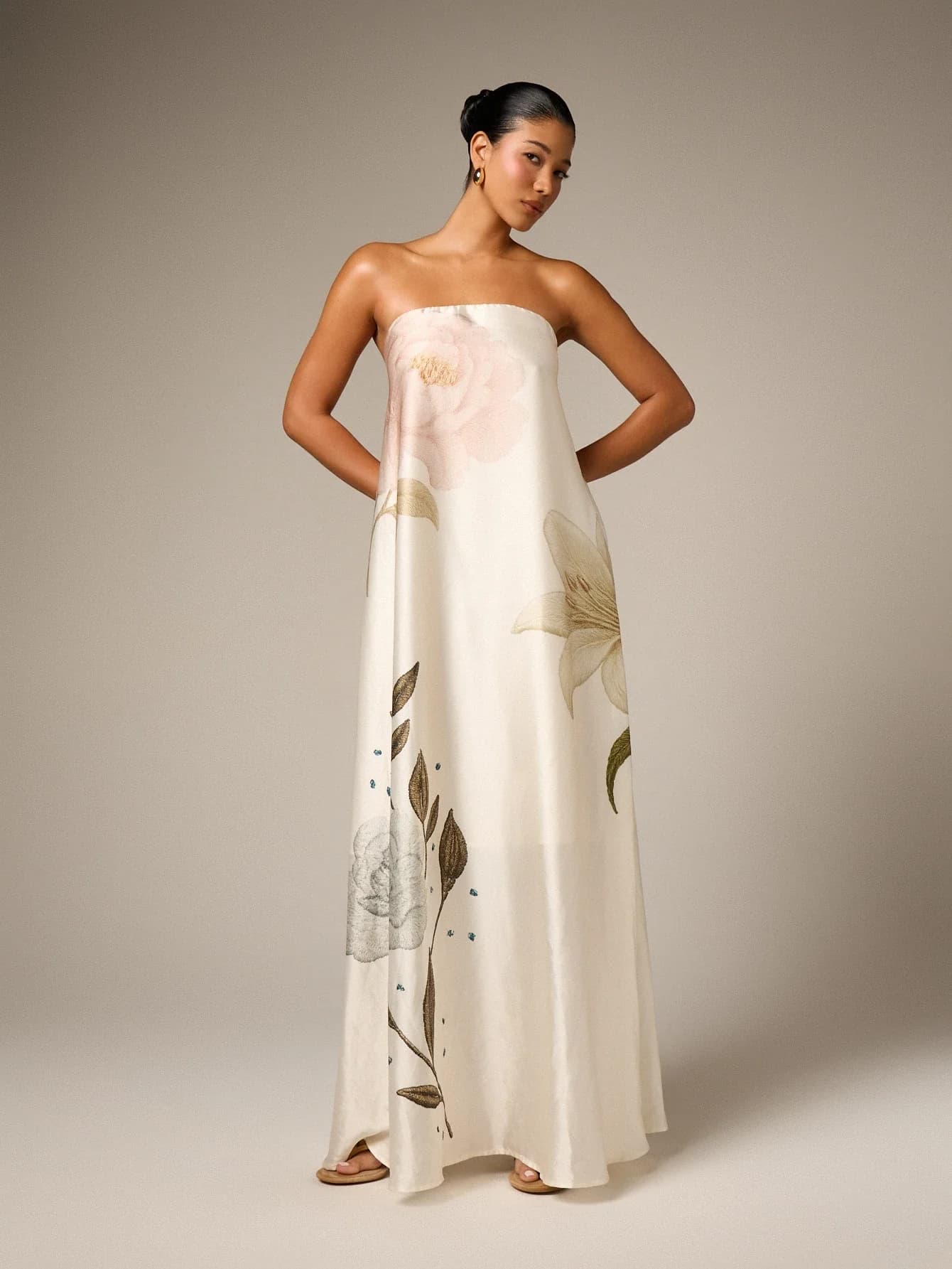 Strapless Satin Maxi Dress With Floral Embroidery For Wedding Guest Formal Evening Spring Summer Events