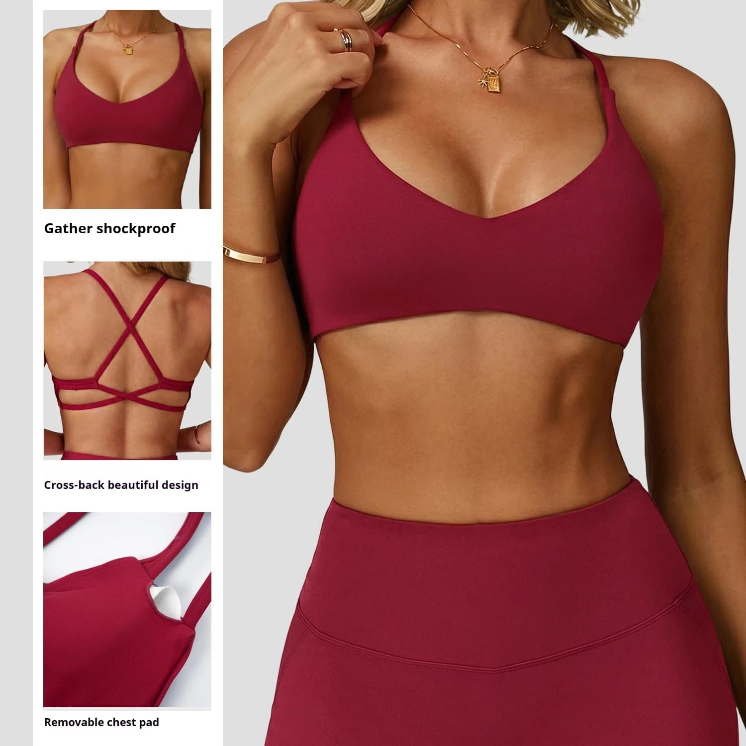 Sports bra High impact support Gym for women Push-up Back Cross Yoga Crop Top Running Fitness Pilates Solid color
