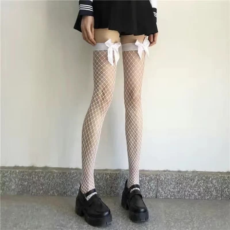 Calze Lunghe Nere e Bianche Sexy Sopra il Ginocchio da Donna, Calze a Rete con Fiocco Stile Lolita per Ragazze Dolci, Leggings Gotici Punk in Pizzo a Rete
