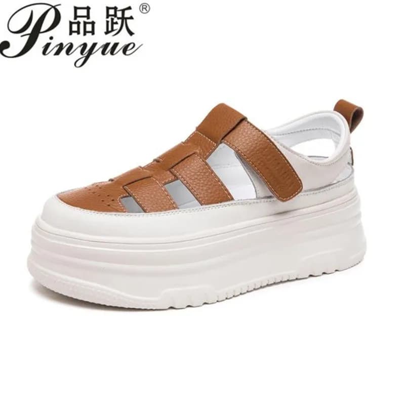 5.5cm Full Cow Genuine Leather Women Summer Shoes Platform Sandals Wedge Heel Slides Slippers Beach Shoes Hook Loop shoes 34-40