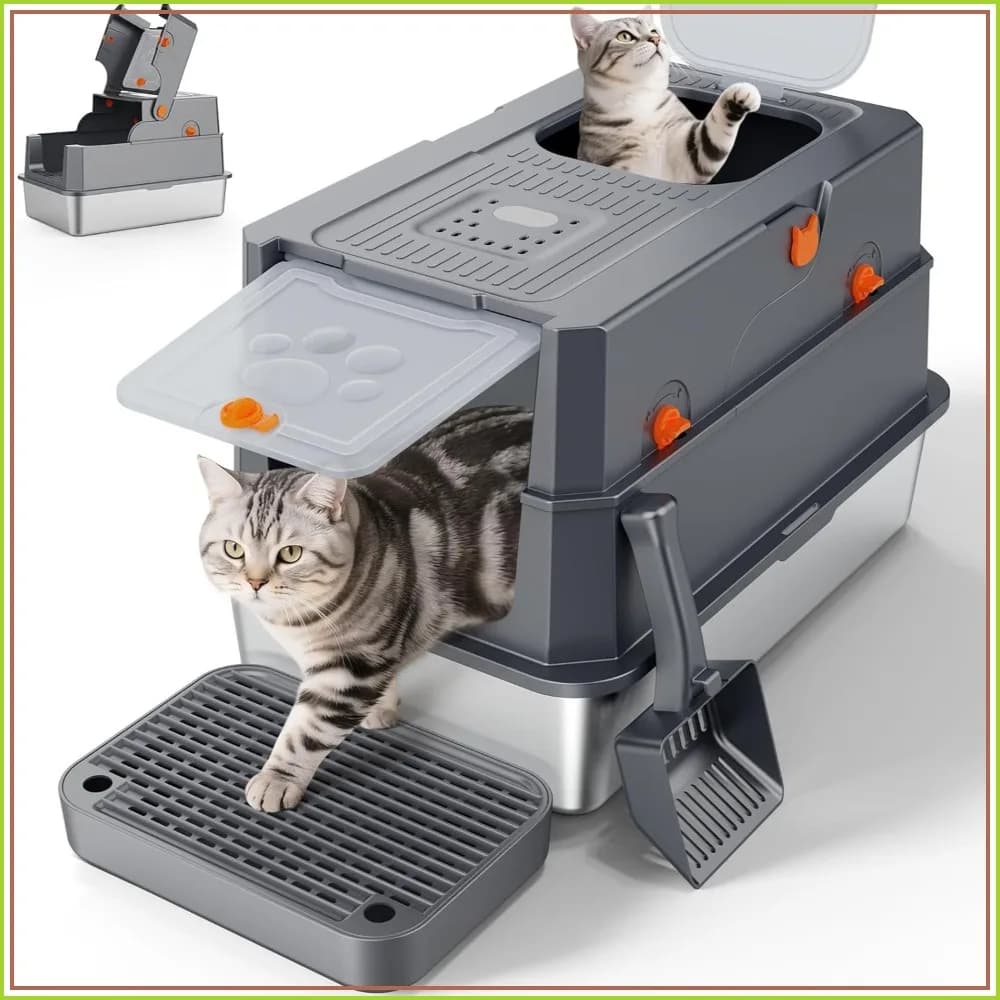 Stainless Steel Litter Box with Lid, Large Enclosed Cat Litter Box for Big Cats, Front & Top Entry, Odor Free, Anti-Leakage, Grey