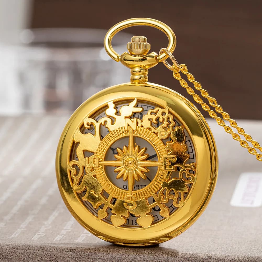 Orologio da tasca al quarzo con numeri arabi vintage Steampunk antico, cassa in oro, collana con ciondolo, catena per uomo e donna