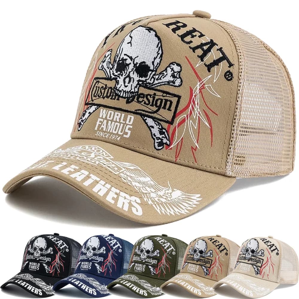 New Unisex Punk Style Cap Skull Embroidery Trucker Hat Breathable Mesh Cap For Man Women Motorcycle Rider Outdoor Baseball Cap