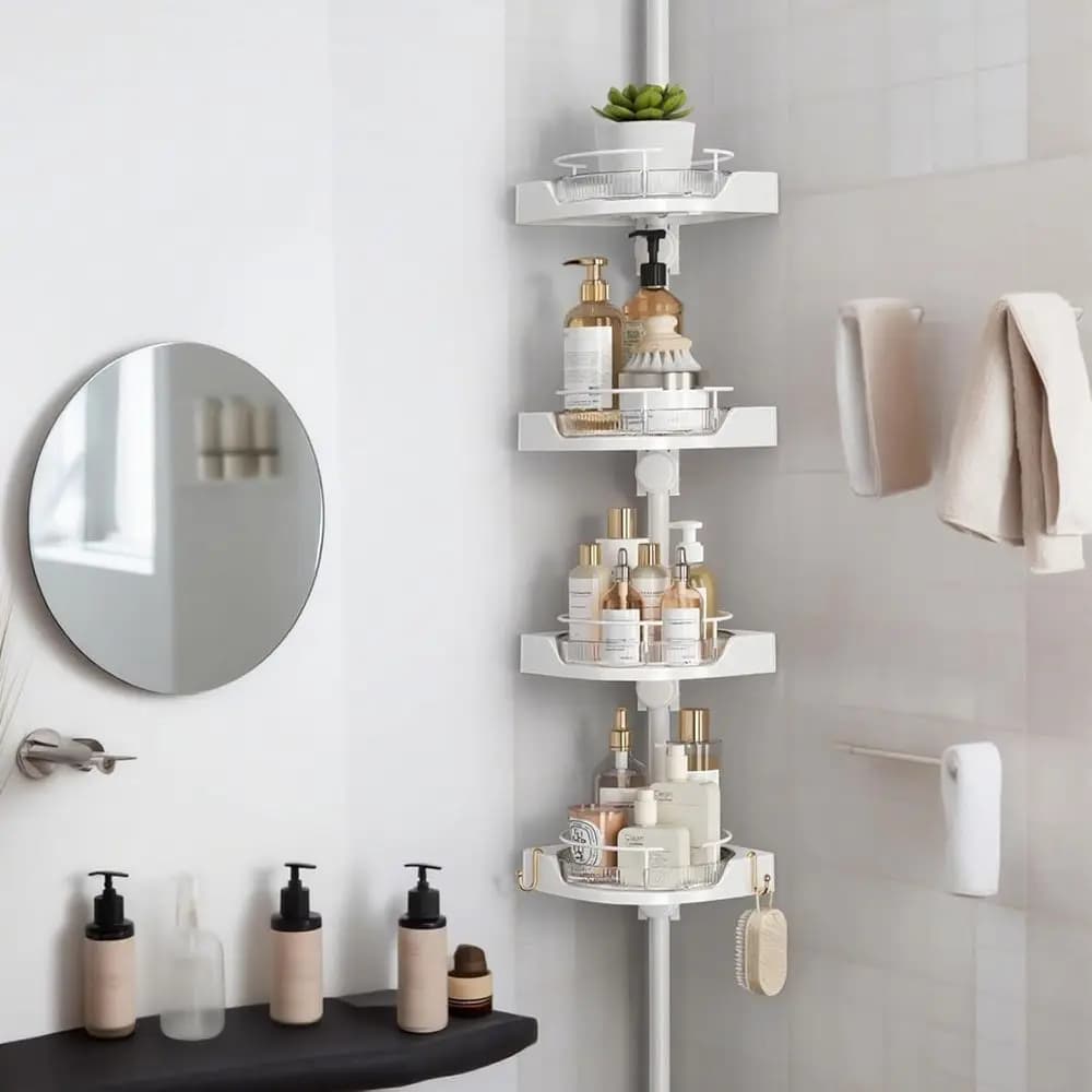 Organizer for Shower 4 Adjustable shelves in Metal, Plastic shelves with Safety railing, for Bath or Shower and Bath