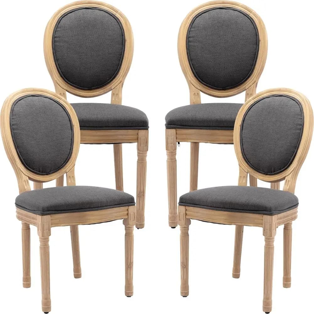 Set di 4 sedie da pranzo in stile vintage, sedie imbottite con schienale rotondo, cuscino in lino e gambe in legno massello, adatte per