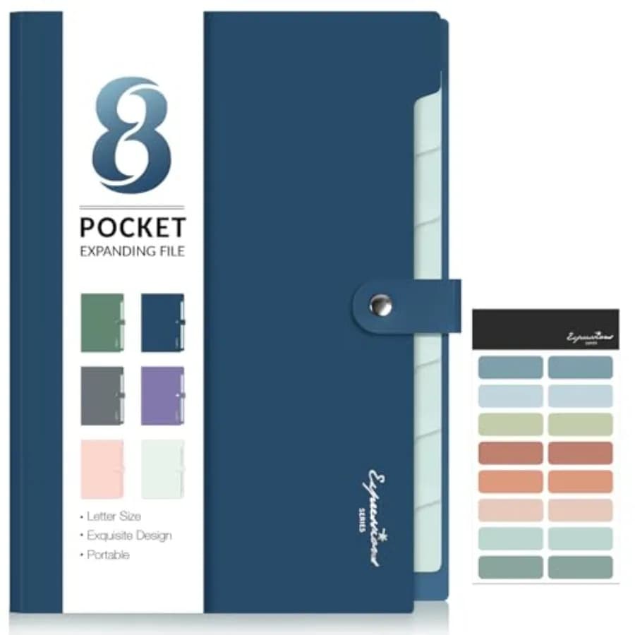 Elegant Accordion File Organizer with Labels, 8 Pocket Expanding File Folder, Portable Folders for Documents, Cute Paper Organi
