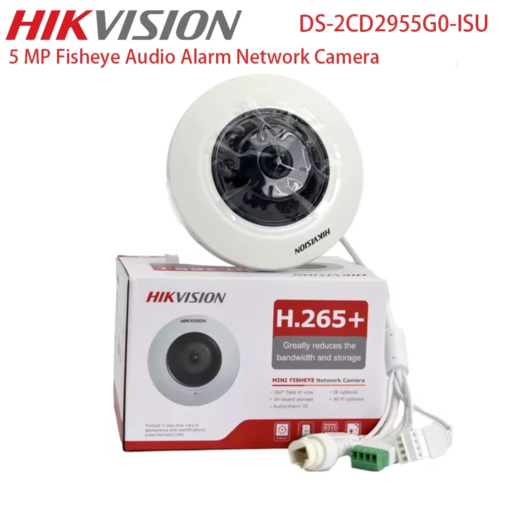 Telecamera di Rete Fisheye Hikvision 5MP DS-2CD2955G0-ISU con Audio Bidirezionale, Visione Fisheye, Microfono Integrato e Slot per Scheda SD