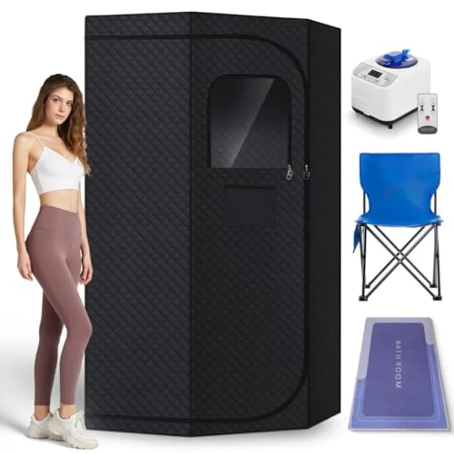 Sauna a Vapore Portatile da Interno con Vaporizzatore da 3L, Telecomando, Sedia Pieghevole e Tappetino Nero per Perdita di Peso e Disintossicazione