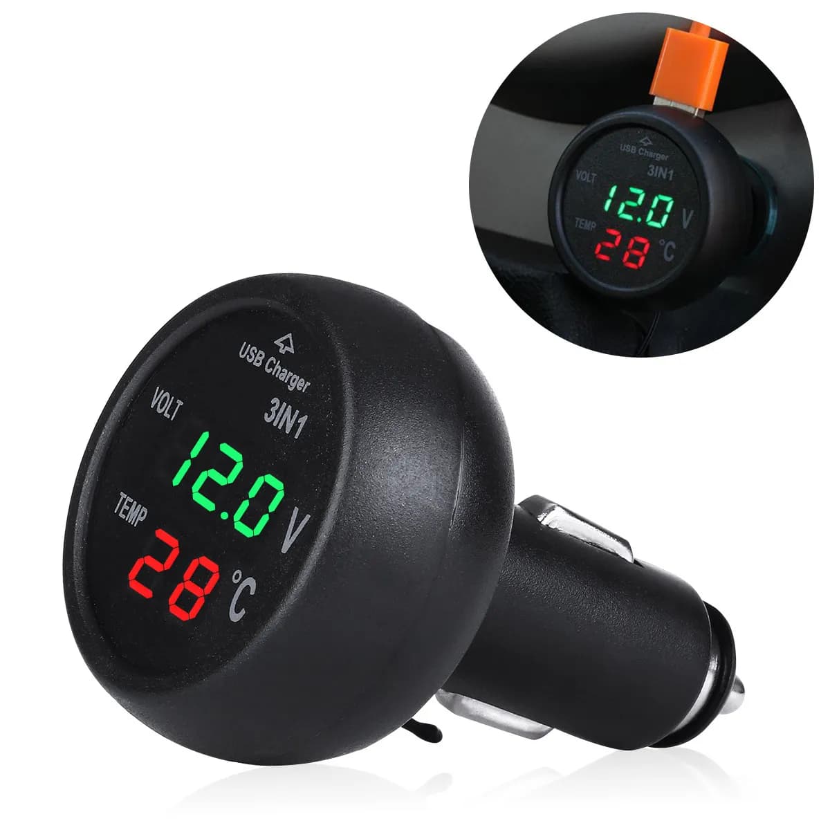 Caricabatterie per auto 12-24V con voltmetro LCD, termometro e porta USB per smartphone, tablet, GPS, in ABS ignifugo, 8*4.3cm, verde rosso, da -10 a 80°C ℃