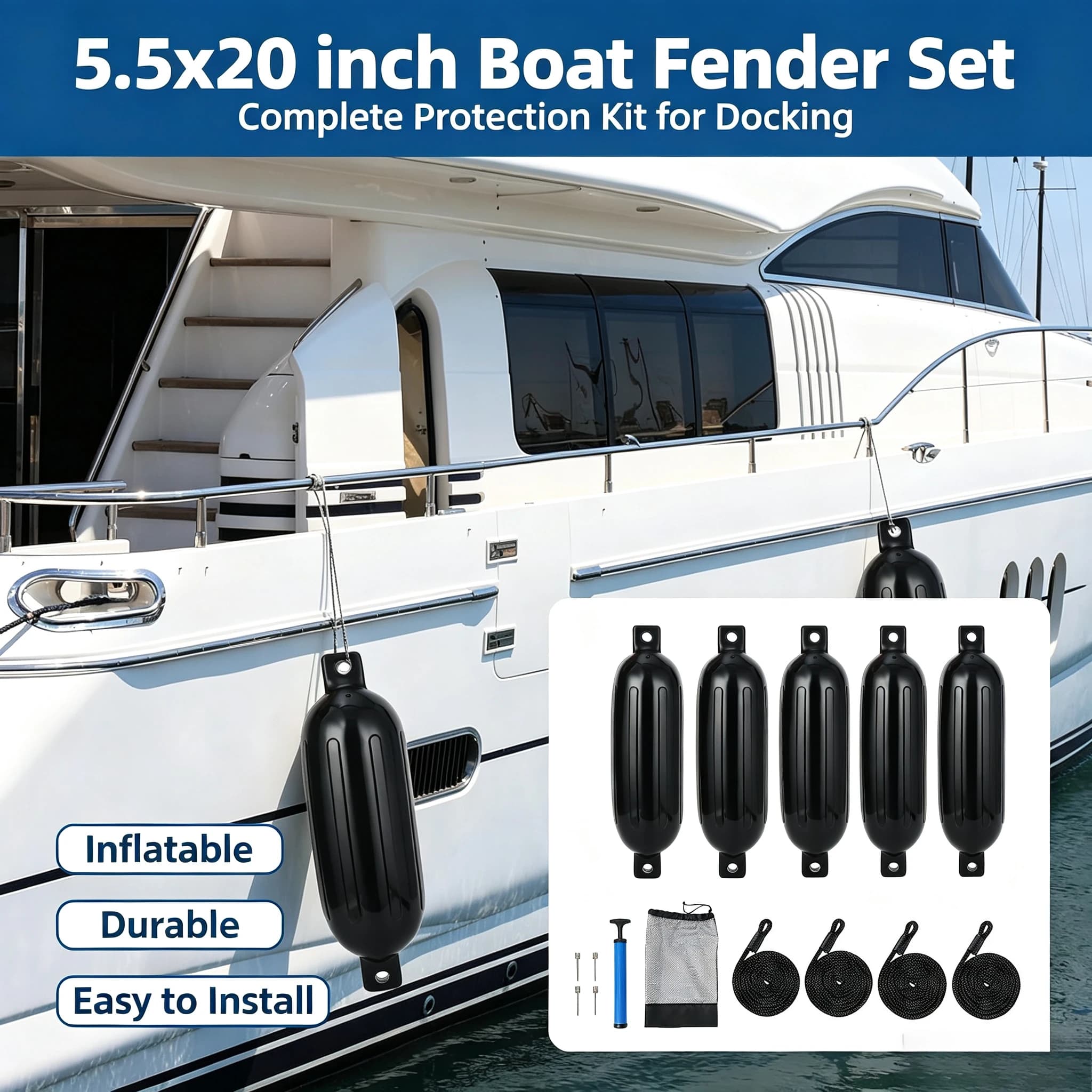1set Inflatable Ribbed Fender with Center Holes Marine Boat Dock Fender Bumper with Air Pump 4 Needles 4 Ropes & Storage Bag for Pontoon Bass Jon Boats