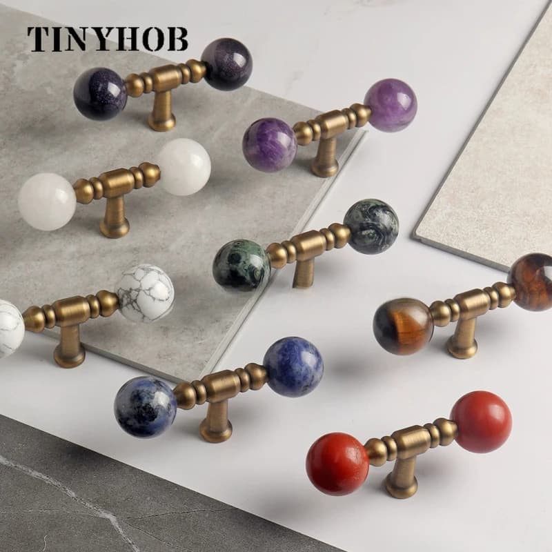 TINYHOB Maniglie per Cassetti in Ottone Anticato da 90mm, Pomelli a Sfera in Pietra Naturale, Maniglie a Foro Singolo per Armadi, Cassettiere e Cucine